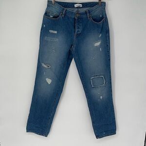 Ann Taylor LOFT Womens Mid Rise Button Fly Distressed Boyfriend Jeans Blue Sz 29